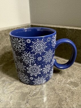 Blue Ceramic Mug with White Snowflake Pattern